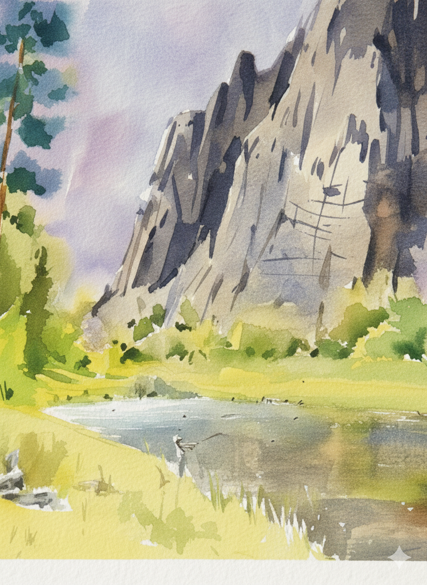 River by the Mountains – Original Watercolor Painting