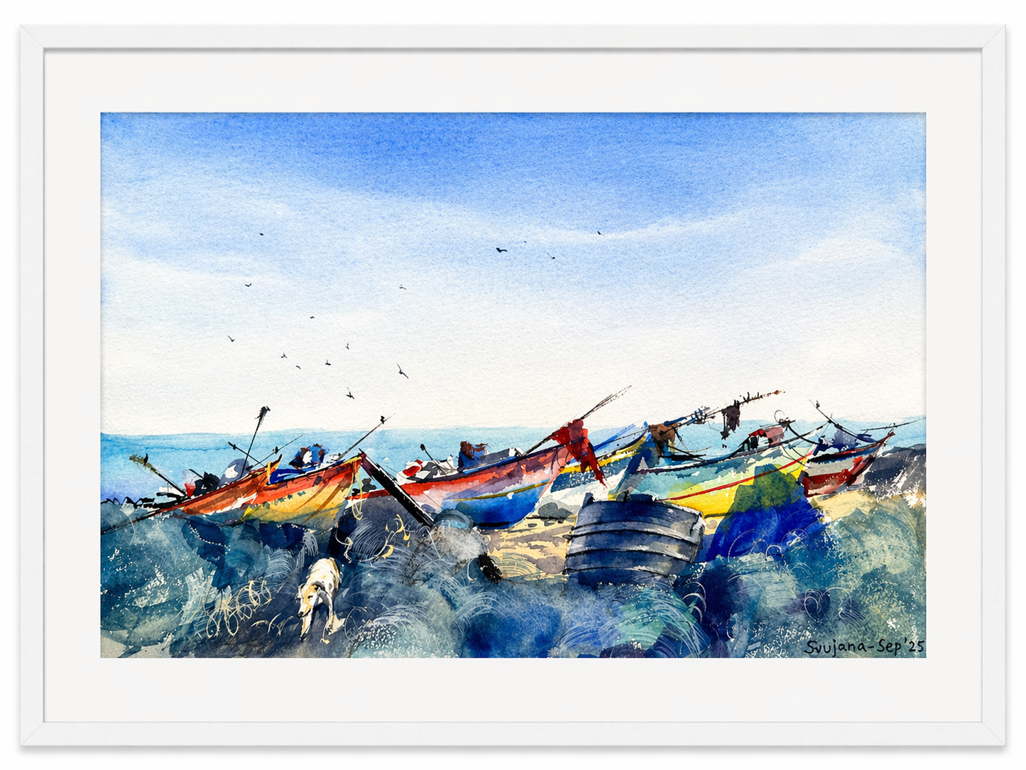 Fishing Boats Shoreline (Watercolor)
