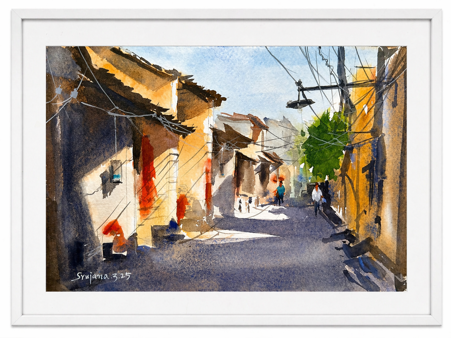 Sunlit Village Street (Watercolor)