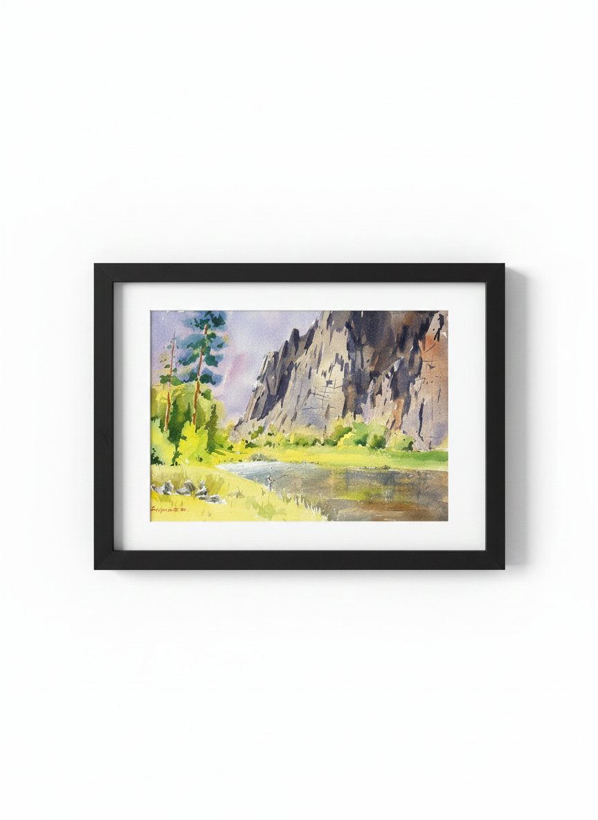 River by the Mountains – Original Watercolor Painting