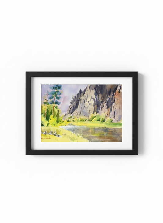 River by the Mountains – Original Watercolor Painting