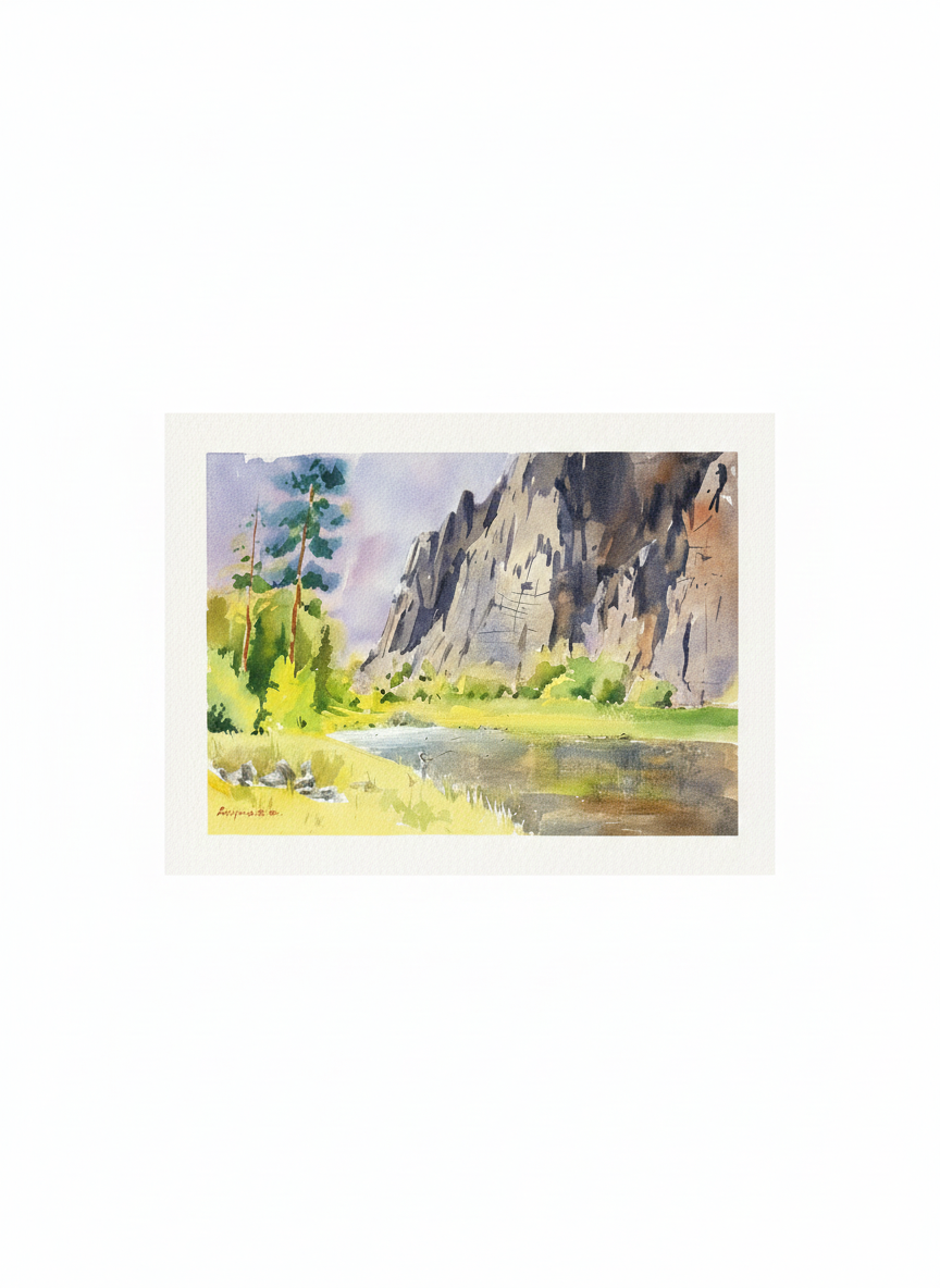 River by the Mountains – Original Watercolor Painting