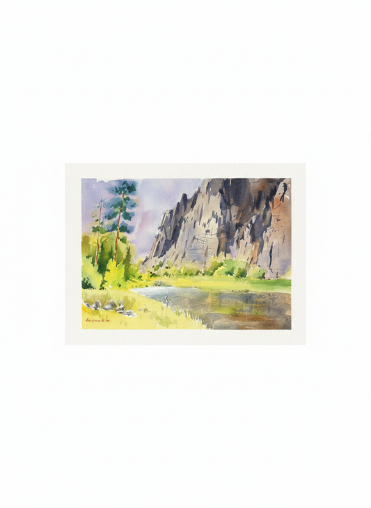 River by the Mountains – Original Watercolor Painting